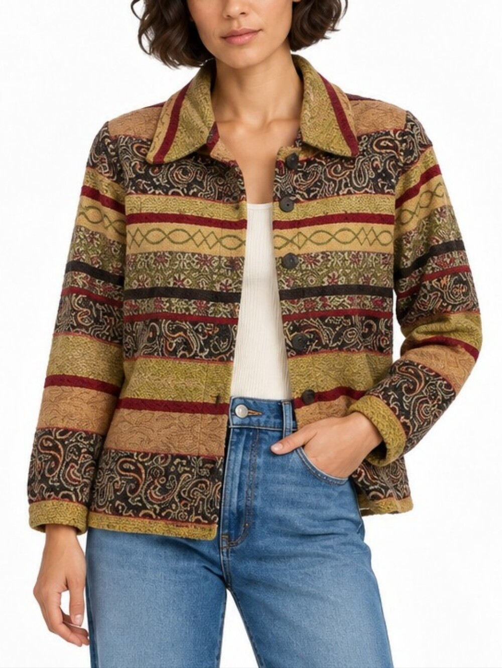 Alfred Dunner Petite Button Up Blouse Long Sleeve Paisley Striped Pattern 14P